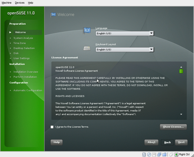 openSUSE 11.0 Installation Welcome Page